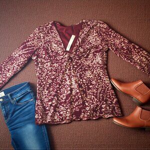 NWT Apt 9 Burgundy Floral Twist Front Top M Career Office Date Night Boho
